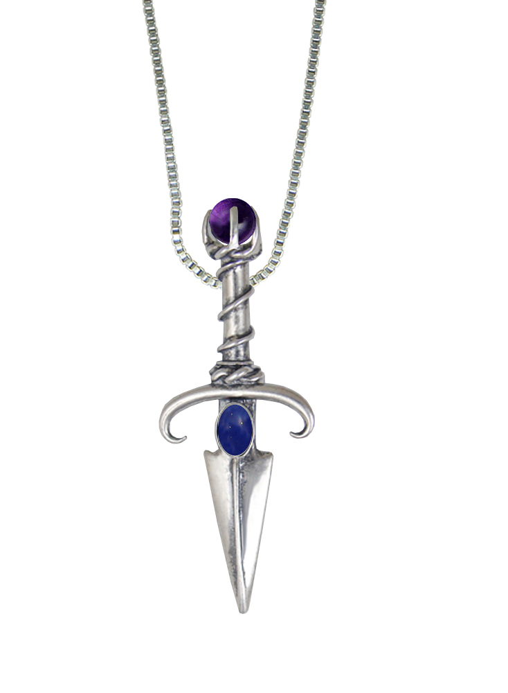 Sterling Silver Black Prince's Knife Dagger Pendant With Lapis Lazuli And Amethyst